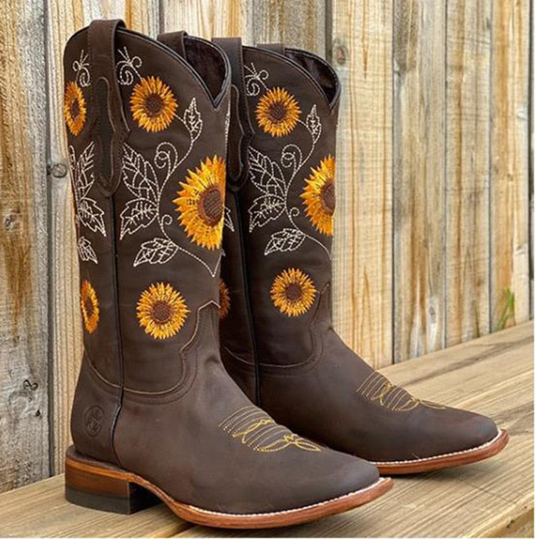 Florabel | Women's Sunflower Embroidered Pointed Toe Western Boot