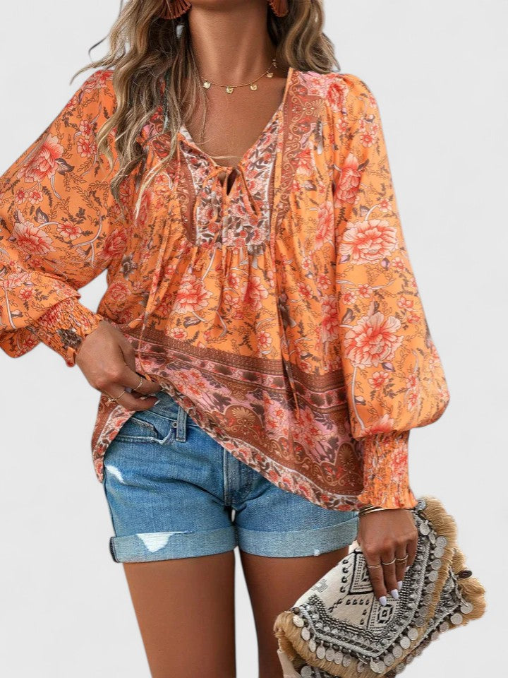 Wren | Floral Boho Print Smocked Tie Neck Puff Sleeve Blouse