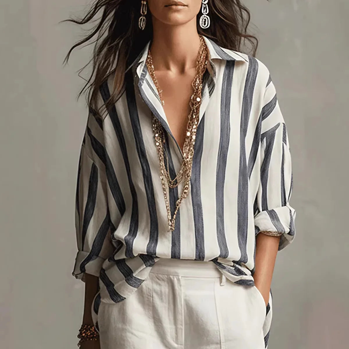 Amaris | Oversized Striped Lapel Collar Long Sleeve Linen Blend Blouse
