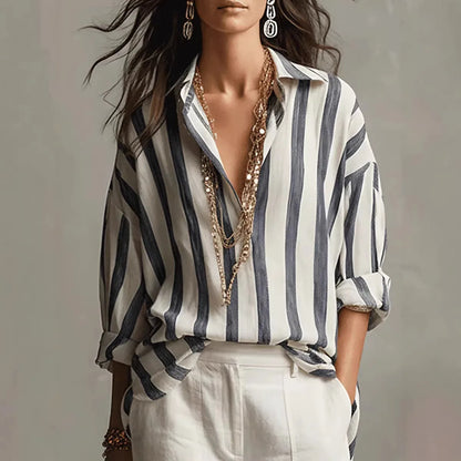 Amaris | Oversized Striped Lapel Collar Long Sleeve Linen Blend Blouse