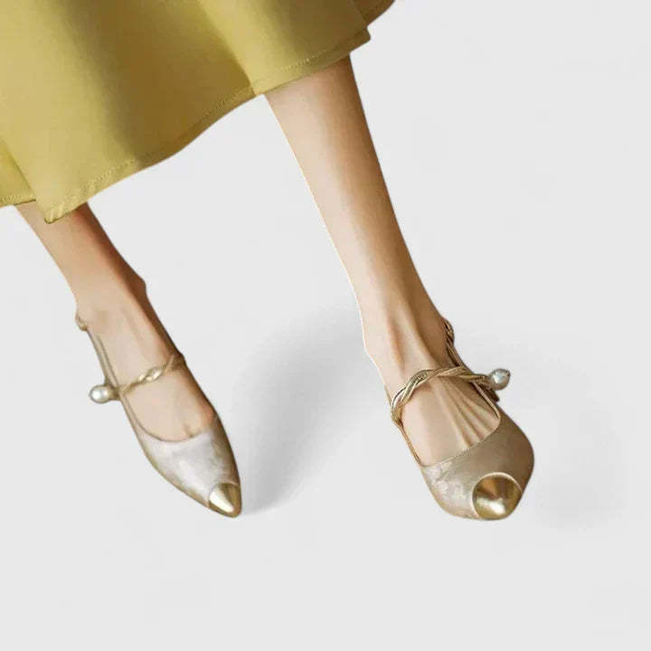 Vionora | Women's Pearl Strap Slingback Jacquard Kitten Heel