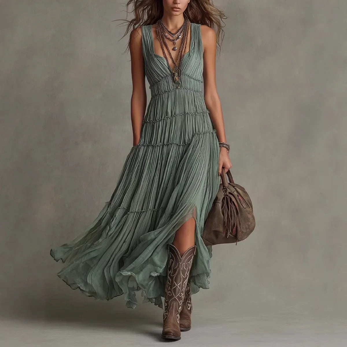 Delphina | Women's Tiered Boho Flowy Maxi Dress