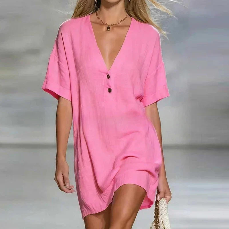 Liora | Short Sleeve V Neck Linen Blend Tunic Top