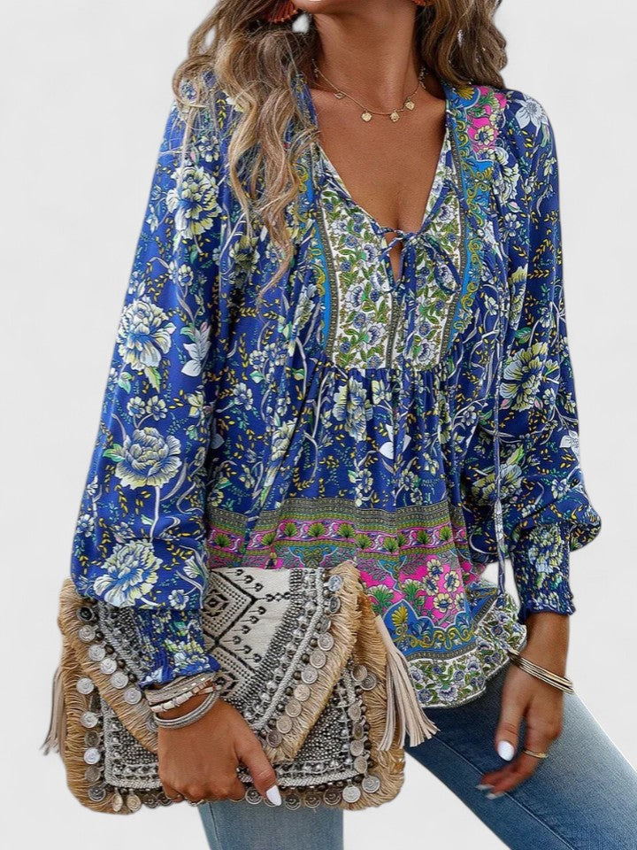 Wren | Floral Boho Print Smocked Tie Neck Puff Sleeve Blouse