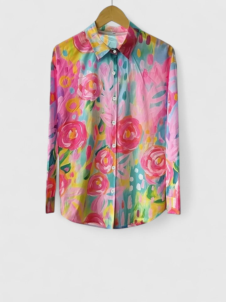 Anica | Long Sleeve Floral Print Collared Button Down Relaxed Blouse