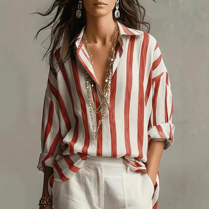 Amaris | Oversized Striped Lapel Collar Long Sleeve Linen Blend Blouse