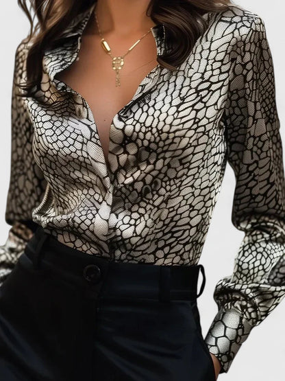 Lyzziane | Leopard Print Long Sleeve Lapel Collar Elegant Blouse