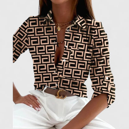 Lisette | Long Sleeve Geometric Print Lapel Collar Elegant Blouse