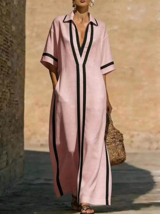 Victoria | Women's Maxi Dress Shirt Collar V Neck Contrast Trim