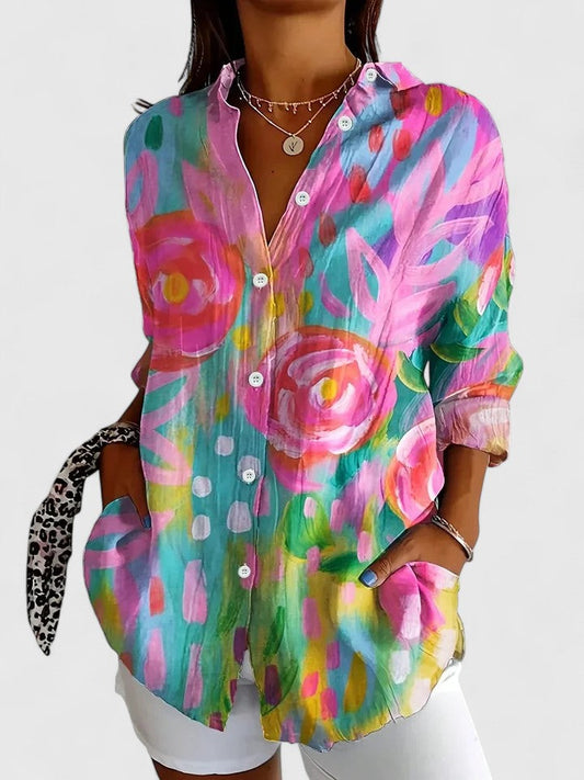 Anica | Long Sleeve Floral Print Collared Button Down Relaxed Blouse