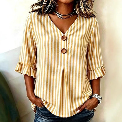 Hazel | Women's Striped Blouses V Neck Ruffle Sleeve Button Front