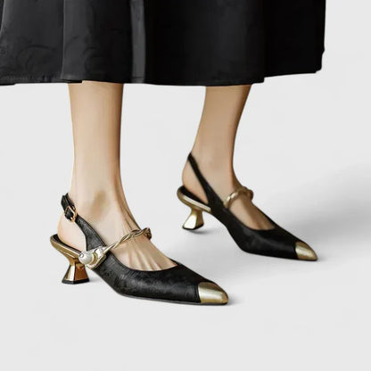 Vionora | Women's Pearl Strap Slingback Jacquard Kitten Heel