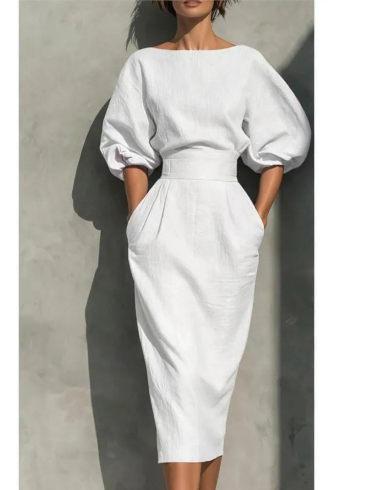Bailey | Women's Elegant Pleated Lantern Sleeve Linen Blend Midi Dress
