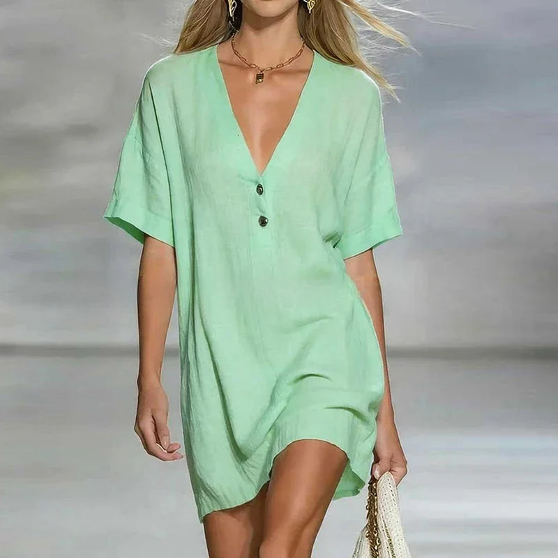 Liora | Short Sleeve V Neck Linen Blend Tunic Top