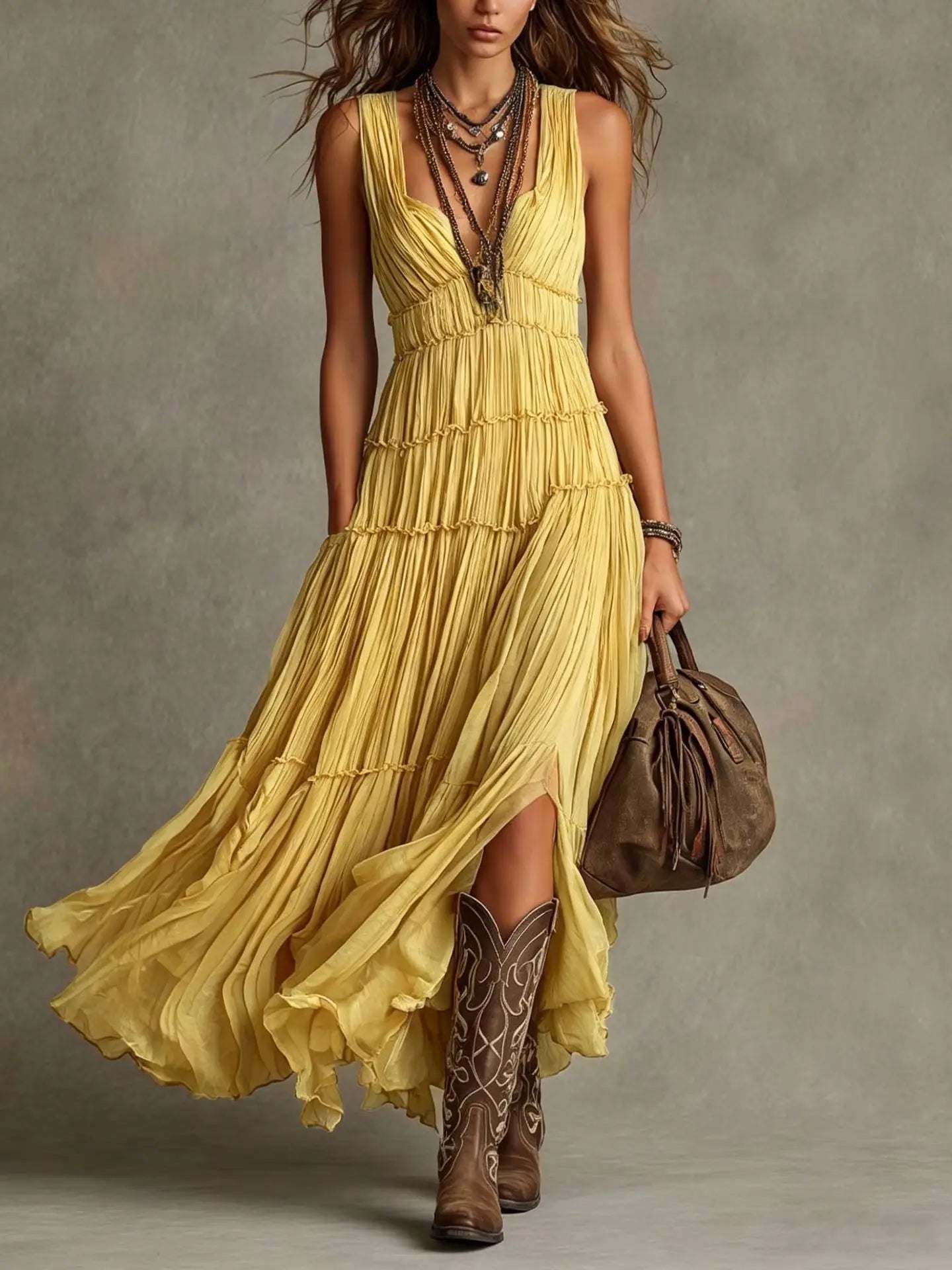 Delphina | Women's Tiered Boho Flowy Maxi Dress