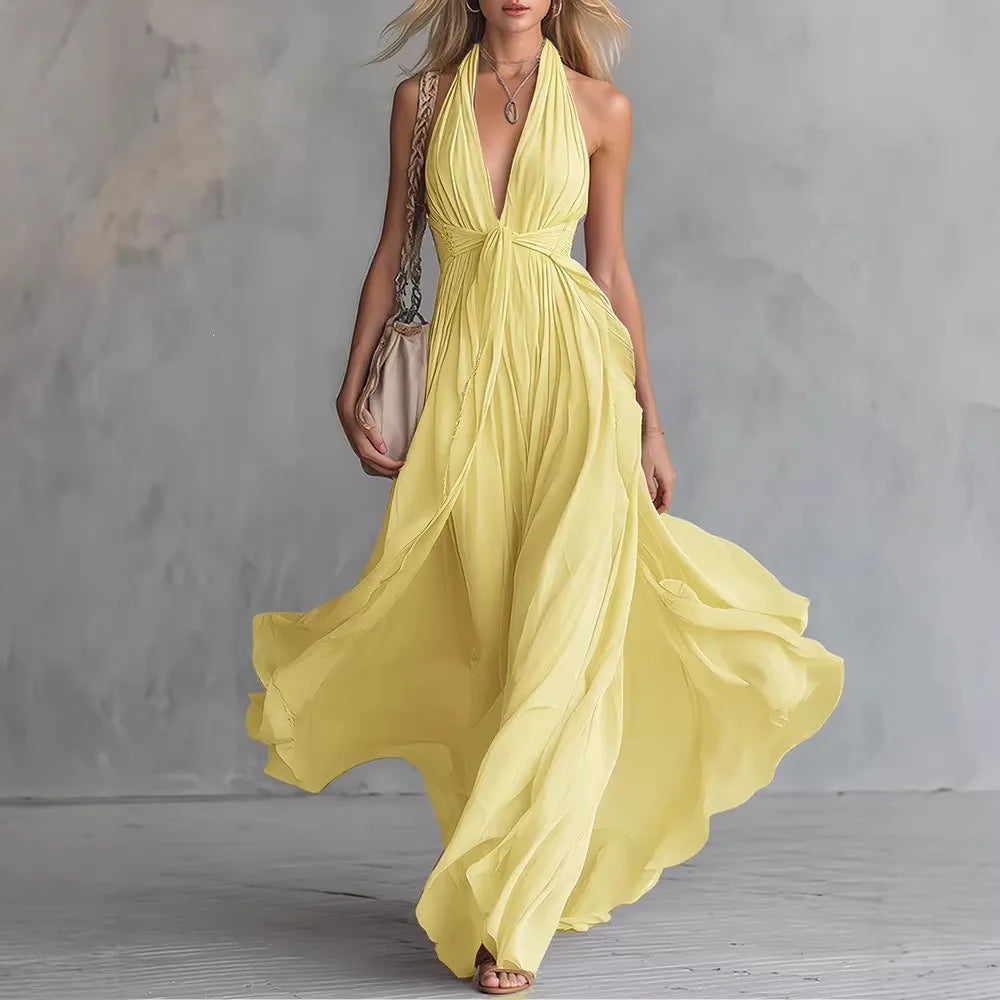 Seraphina | Women's Halter Plunge Flowy Chiffon Maxi Dress