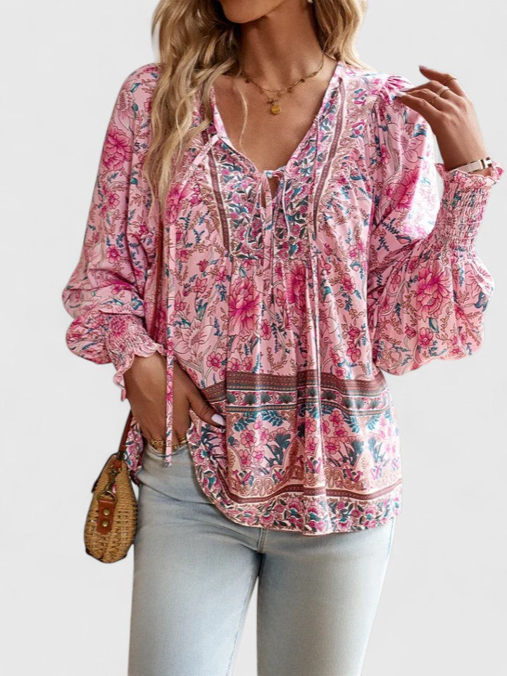 Wren | Floral Boho Print Smocked Tie Neck Puff Sleeve Blouse
