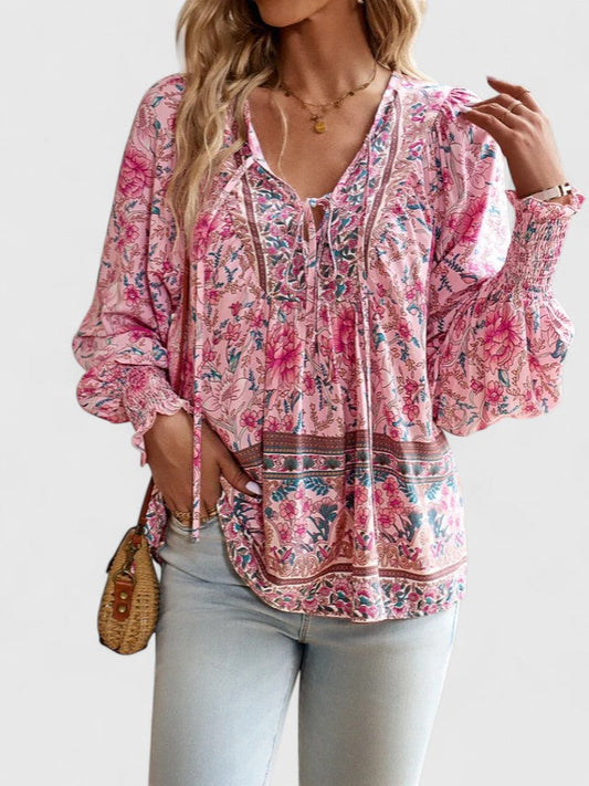 Wren | Floral Boho Print Smocked Tie Neck Puff Sleeve Blouse