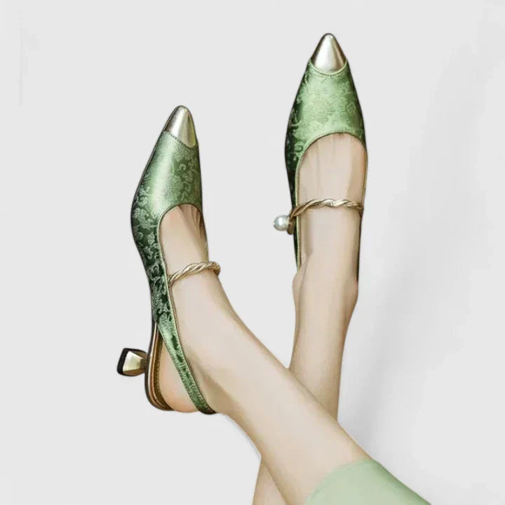 Vionora | Women's Pearl Strap Slingback Jacquard Kitten Heel