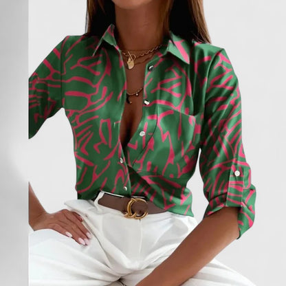 Lisette | Long Sleeve Geometric Print Lapel Collar Elegant Blouse