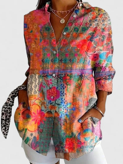 Anica | Long Sleeve Floral Print Collared Button Down Relaxed Blouse