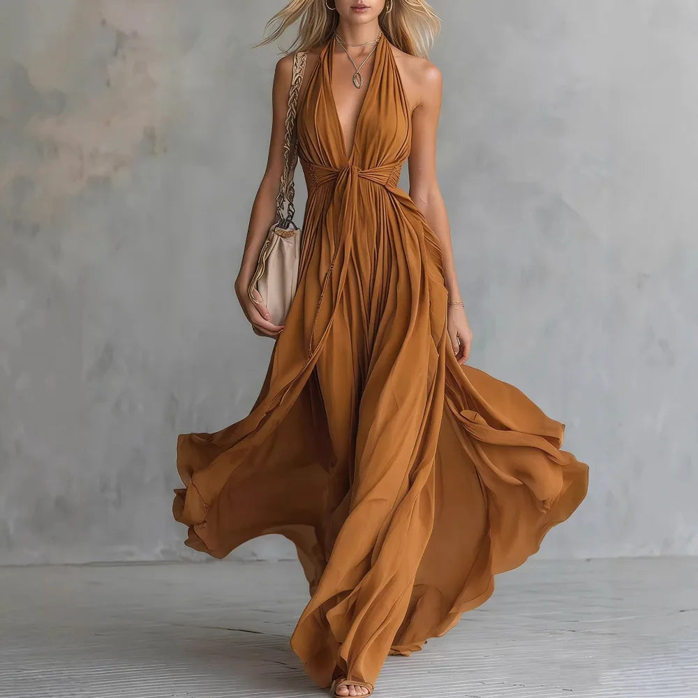Seraphina | Women's Halter Plunge Flowy Chiffon Maxi Dress