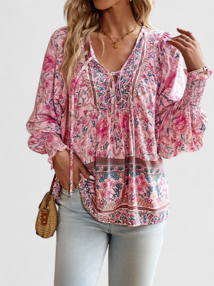 Wren | Floral Boho Print Smocked Tie Neck Puff Sleeve Blouse