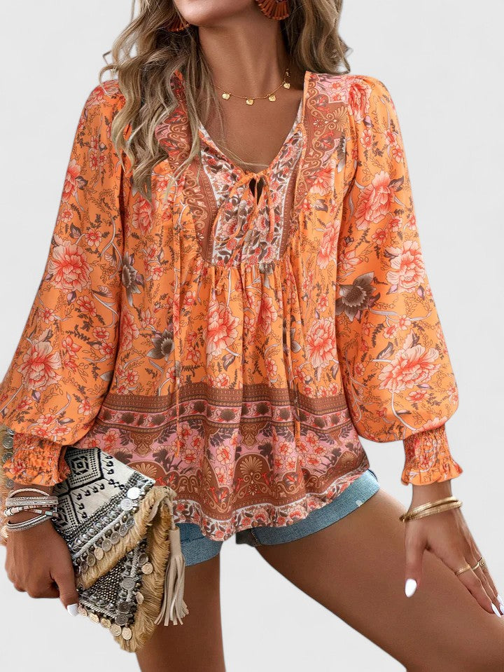 Wren | Floral Boho Print Smocked Tie Neck Puff Sleeve Blouse