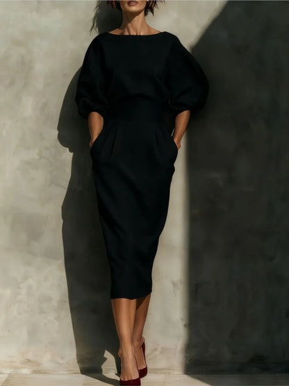 Bailey | Women's Elegant Pleated Lantern Sleeve Linen Blend Midi Dress