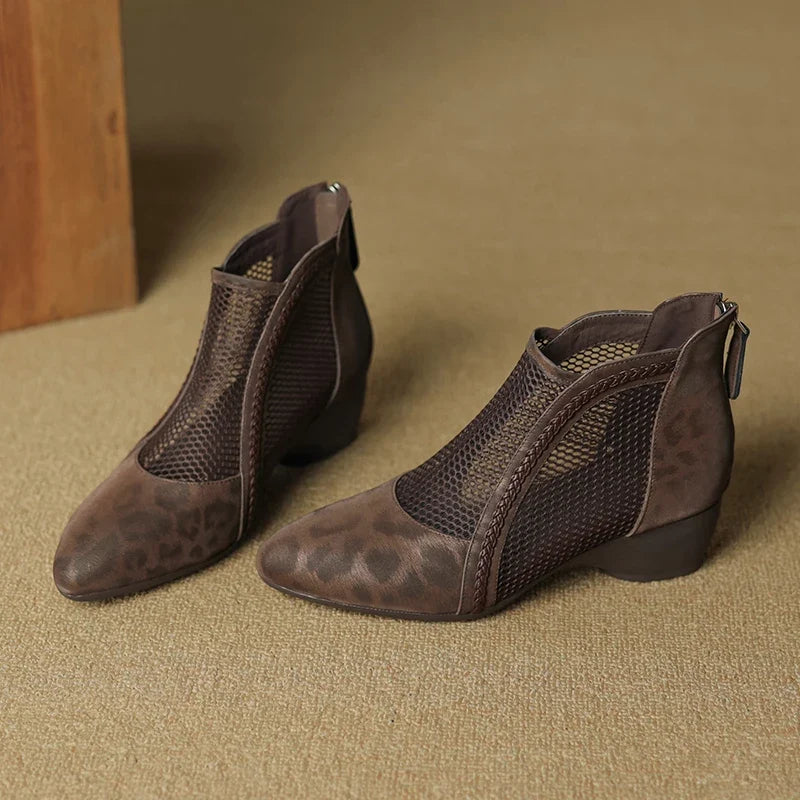 Corentine | Women's Leopard Print Mesh Panel Block Heel Ankle Boot