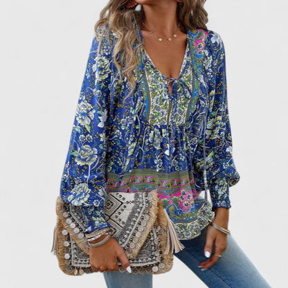 Wren | Floral Boho Print Smocked Tie Neck Puff Sleeve Blouse