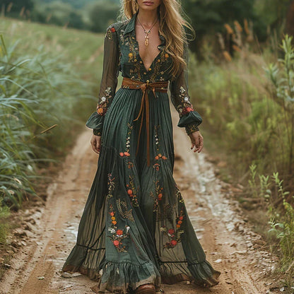 Willow | Long Sleeve Floral Embroidered V Neck Flowing Boho Maxi Dress