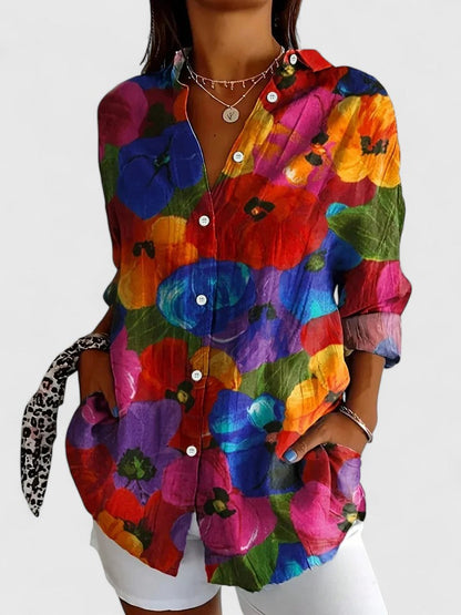 Anica | Long Sleeve Floral Print Collared Button Down Relaxed Blouse