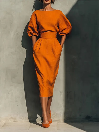 Bailey | Women's Elegant Pleated Lantern Sleeve Linen Blend Midi Dress