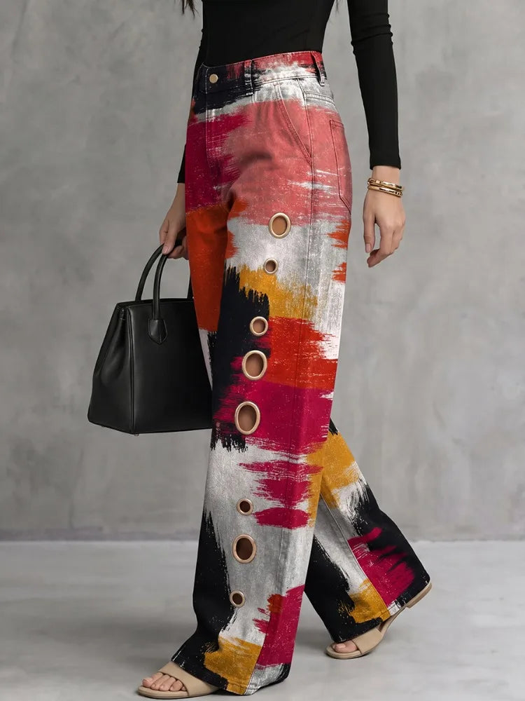 Rhiannon | Women's Abstract Print Wide Leg High Waist Trousers