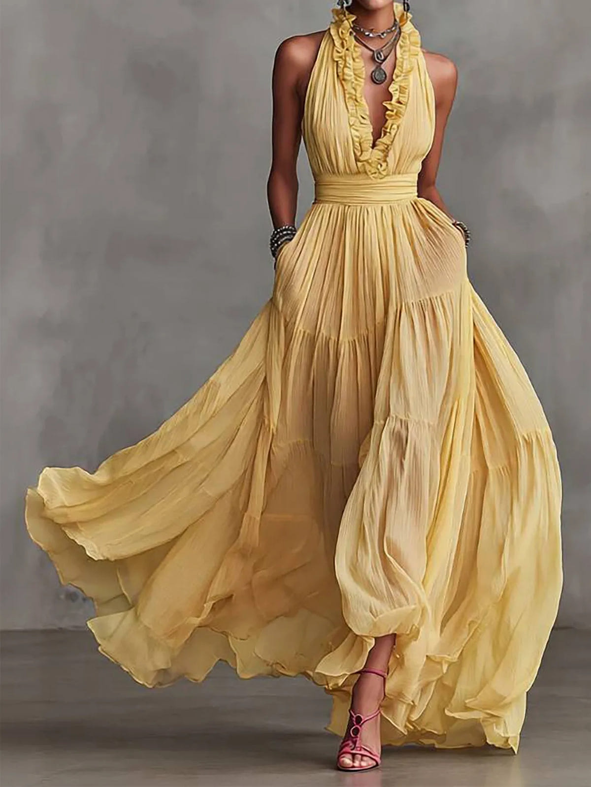 Serena | Women's Halter Neck Ruffle Trim Plunge Maxi Dress