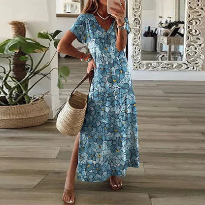 Beatrice | V Neck Short Sleeve Boho Side Slit Flowing Maxi Dress