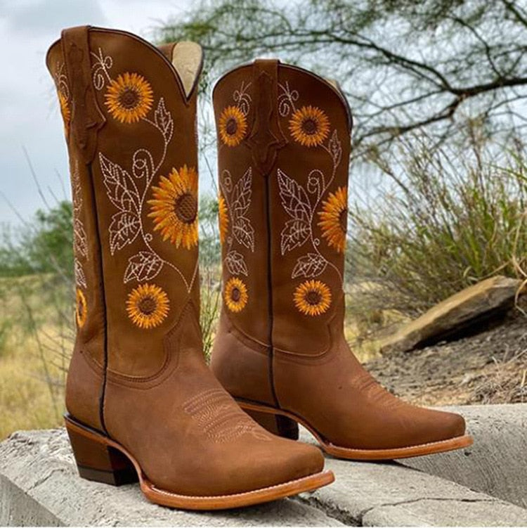 Florabel | Women's Sunflower Embroidered Pointed Toe Western Boot