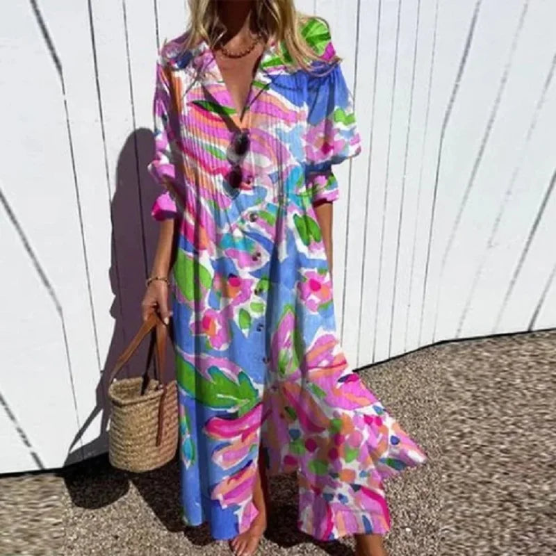 Catherine | Long Sleeve Floral Button Front Tiered Boho Maxi Summer Dress