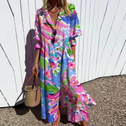 Catherine | Long Sleeve Floral Button Front Tiered Boho Maxi Summer Dress