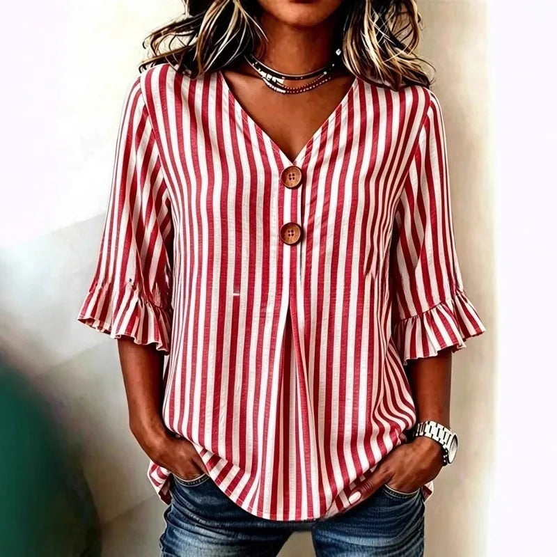 Hazel | Women's Striped Blouses V Neck Ruffle Sleeve Button Front