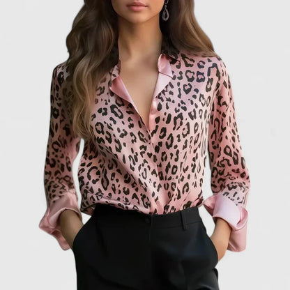 Lyzziane | Leopard Print Long Sleeve Lapel Collar Elegant Blouse