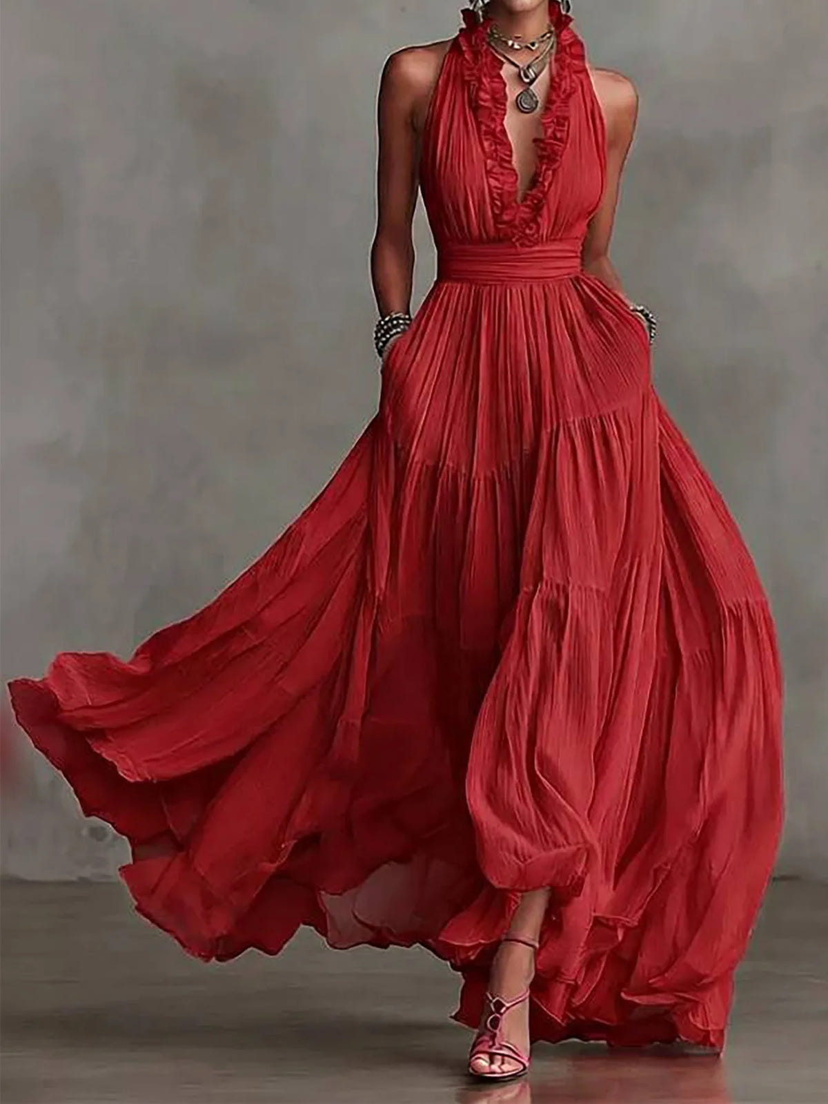 Serena | Women's Halter Neck Ruffle Trim Plunge Maxi Dress