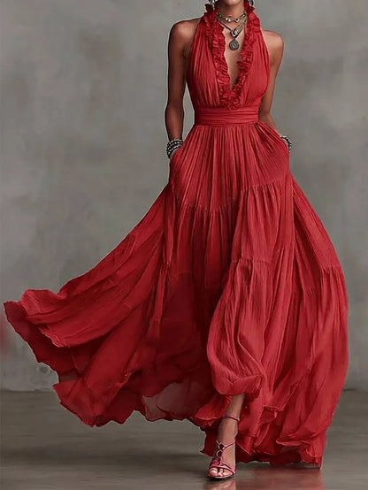 Serena | Women's Halter Neck Ruffle Trim Plunge Maxi Dress