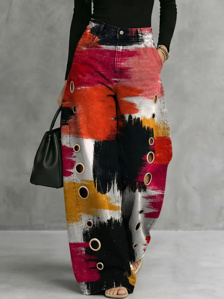Rhiannon | Women's Abstract Print Wide Leg High Waist Trousers