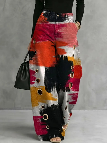 Rhiannon | Women's Abstract Print Wide Leg High Waist Trousers