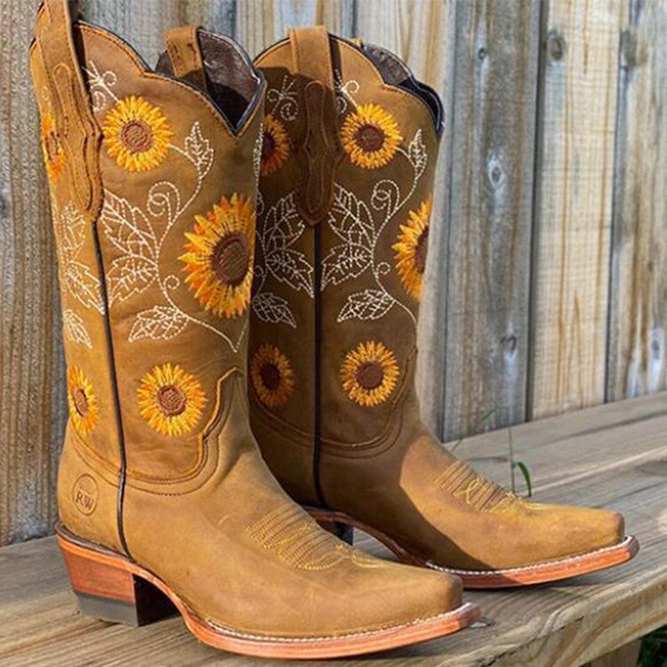 Florabel | Women's Sunflower Embroidered Pointed Toe Western Boot