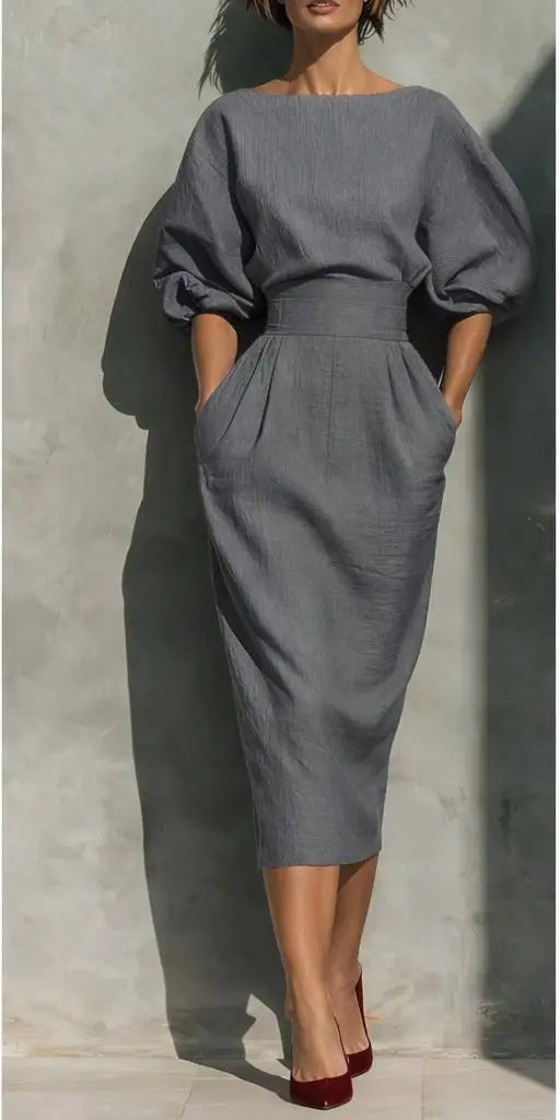 Bailey | Women's Elegant Pleated Lantern Sleeve Linen Blend Midi Dress