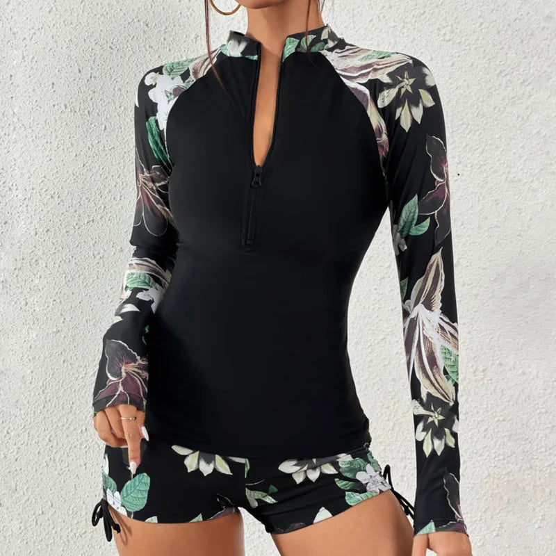 Isla | Women's Floral Rash Guard Set Long Sleeve Zip Front