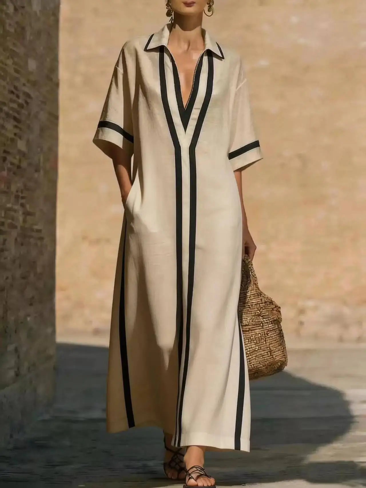 Victoria | Women's Maxi Dress Shirt Collar V Neck Contrast Trim